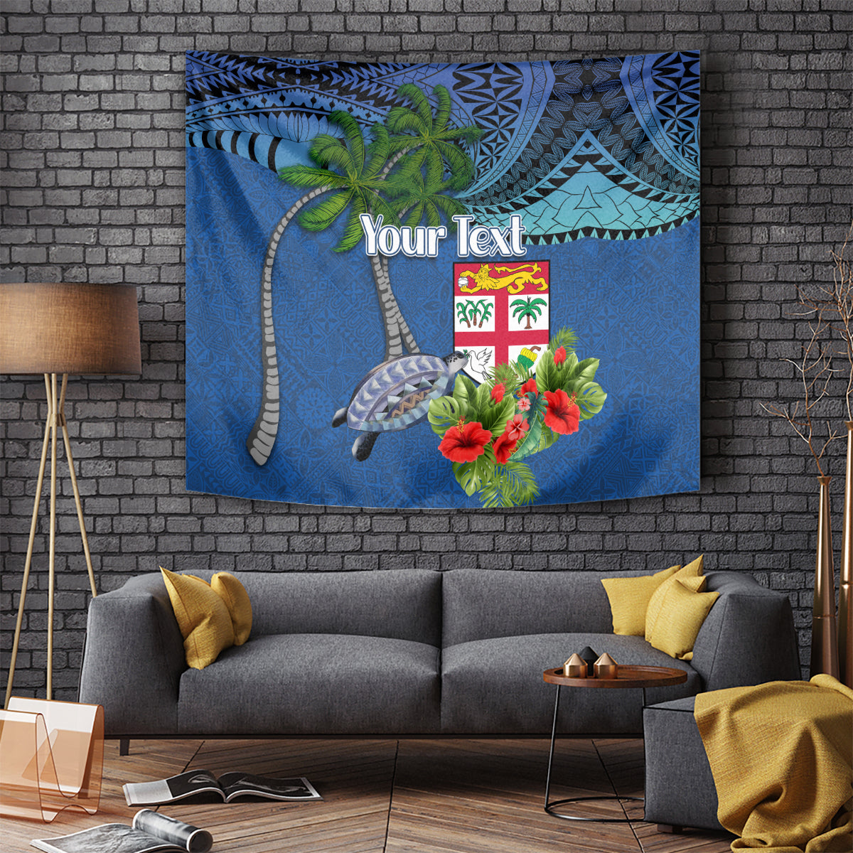 Personalised Fiji Independence Day Tapestry Fijian Coat of Arms Palm and Hibiscus Tapa Pattern LT03 - Polynesian Pride