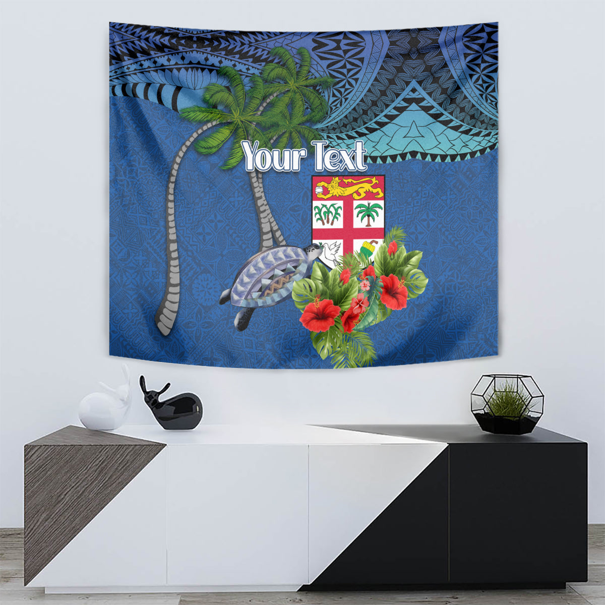 Personalised Fiji Independence Day Tapestry Fijian Coat of Arms Palm and Hibiscus Tapa Pattern LT03 - Polynesian Pride