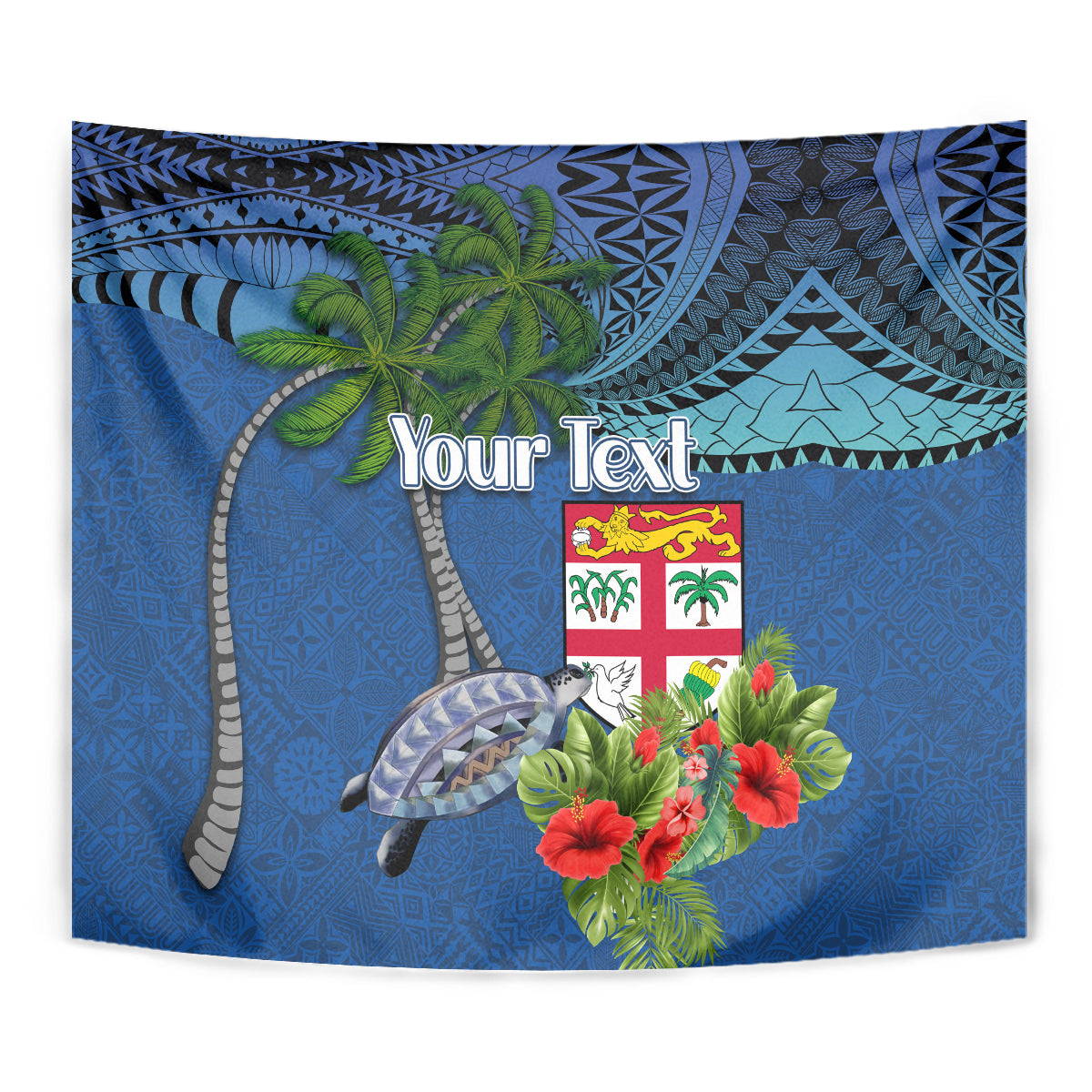 Personalised Fiji Independence Day Tapestry Fijian Coat of Arms Palm and Hibiscus Tapa Pattern LT03 - Polynesian Pride