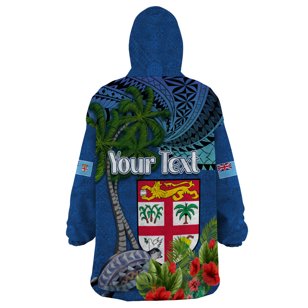 Personalised Fiji Independence Day Wearable Blanket Hoodie Fijian Coat of Arms Palm and Hibiscus Tapa Pattern LT03 - Polynesian Pride