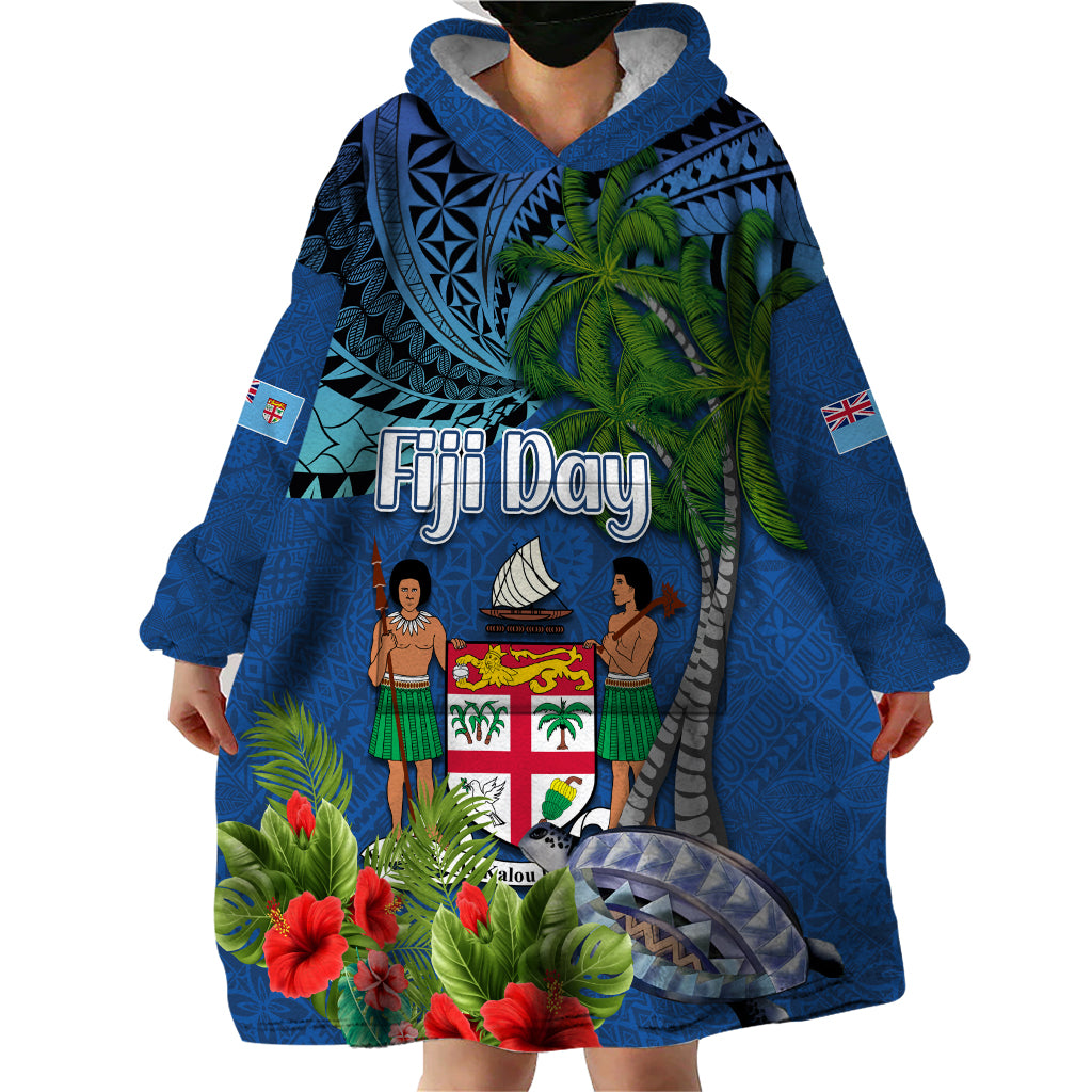 Personalised Fiji Independence Day Wearable Blanket Hoodie Fijian Coat of Arms Palm and Hibiscus Tapa Pattern LT03 - Polynesian Pride