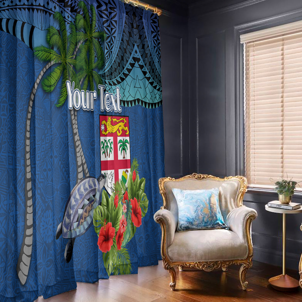 Personalised Fiji Independence Day Window Curtain Fijian Coat of Arms Palm and Hibiscus Tapa Pattern LT03 - Polynesian Pride