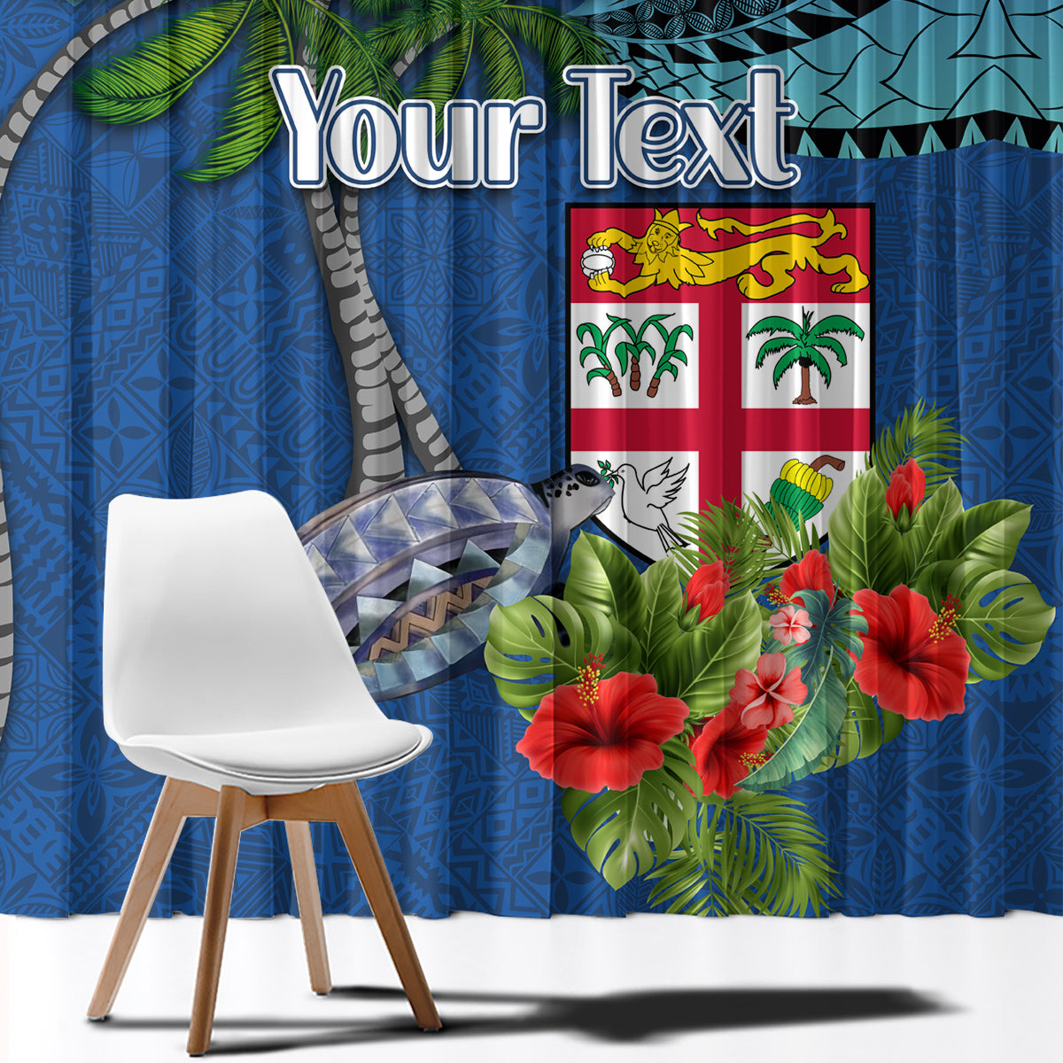 Personalised Fiji Independence Day Window Curtain Fijian Coat of Arms Palm and Hibiscus Tapa Pattern LT03 - Polynesian Pride