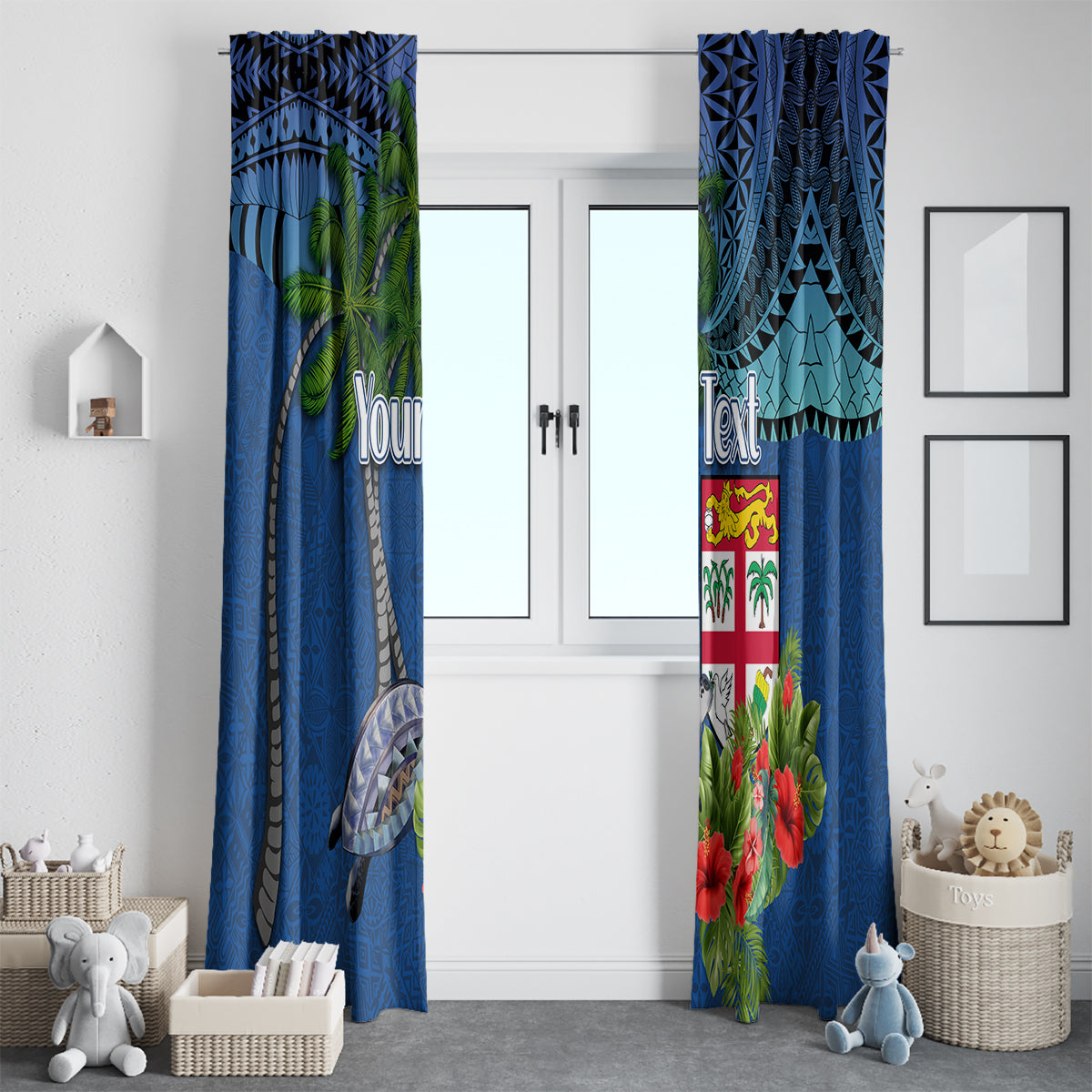 Personalised Fiji Independence Day Window Curtain Fijian Coat of Arms Palm and Hibiscus Tapa Pattern LT03 - Polynesian Pride