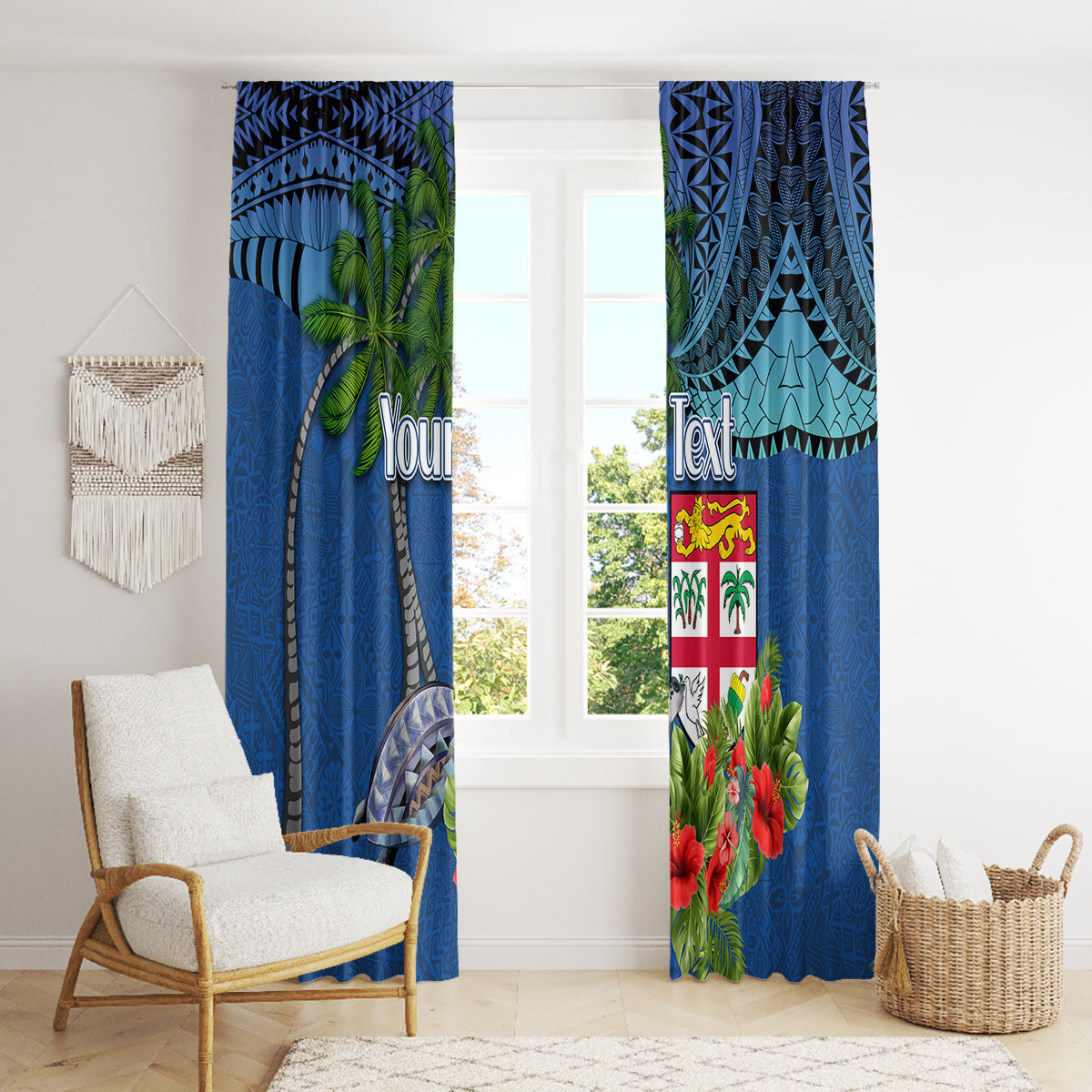 Personalised Fiji Independence Day Window Curtain Fijian Coat of Arms Palm and Hibiscus Tapa Pattern LT03 - Polynesian Pride
