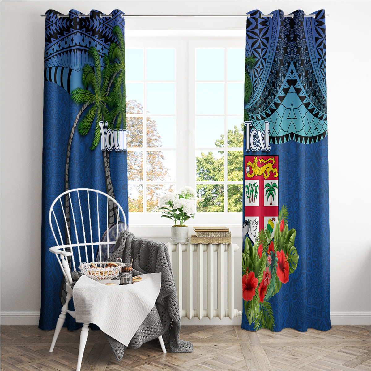 Personalised Fiji Independence Day Window Curtain Fijian Coat of Arms Palm and Hibiscus Tapa Pattern LT03 - Polynesian Pride
