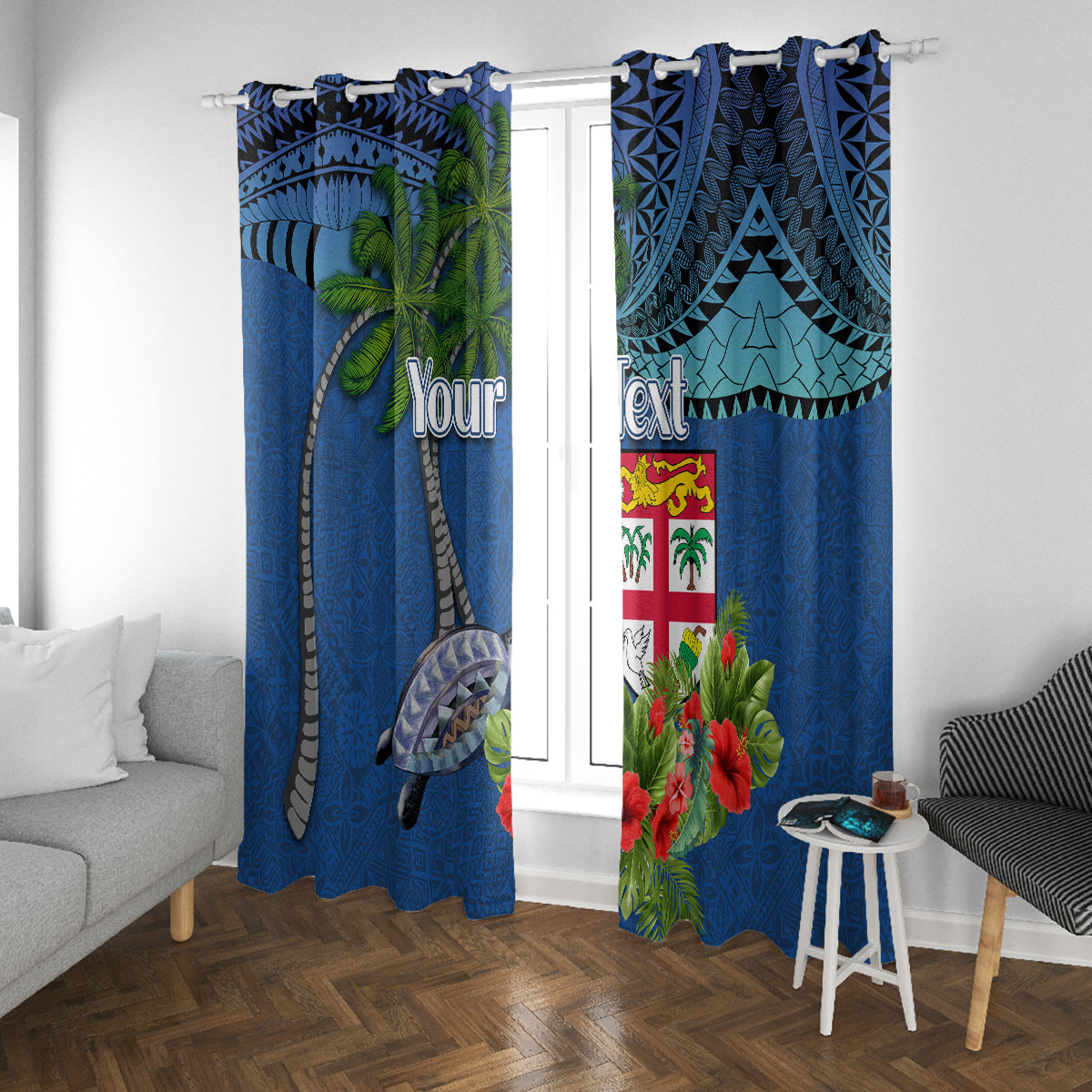 Personalised Fiji Independence Day Window Curtain Fijian Coat of Arms Palm and Hibiscus Tapa Pattern LT03 With Grommets Blue - Polynesian Pride