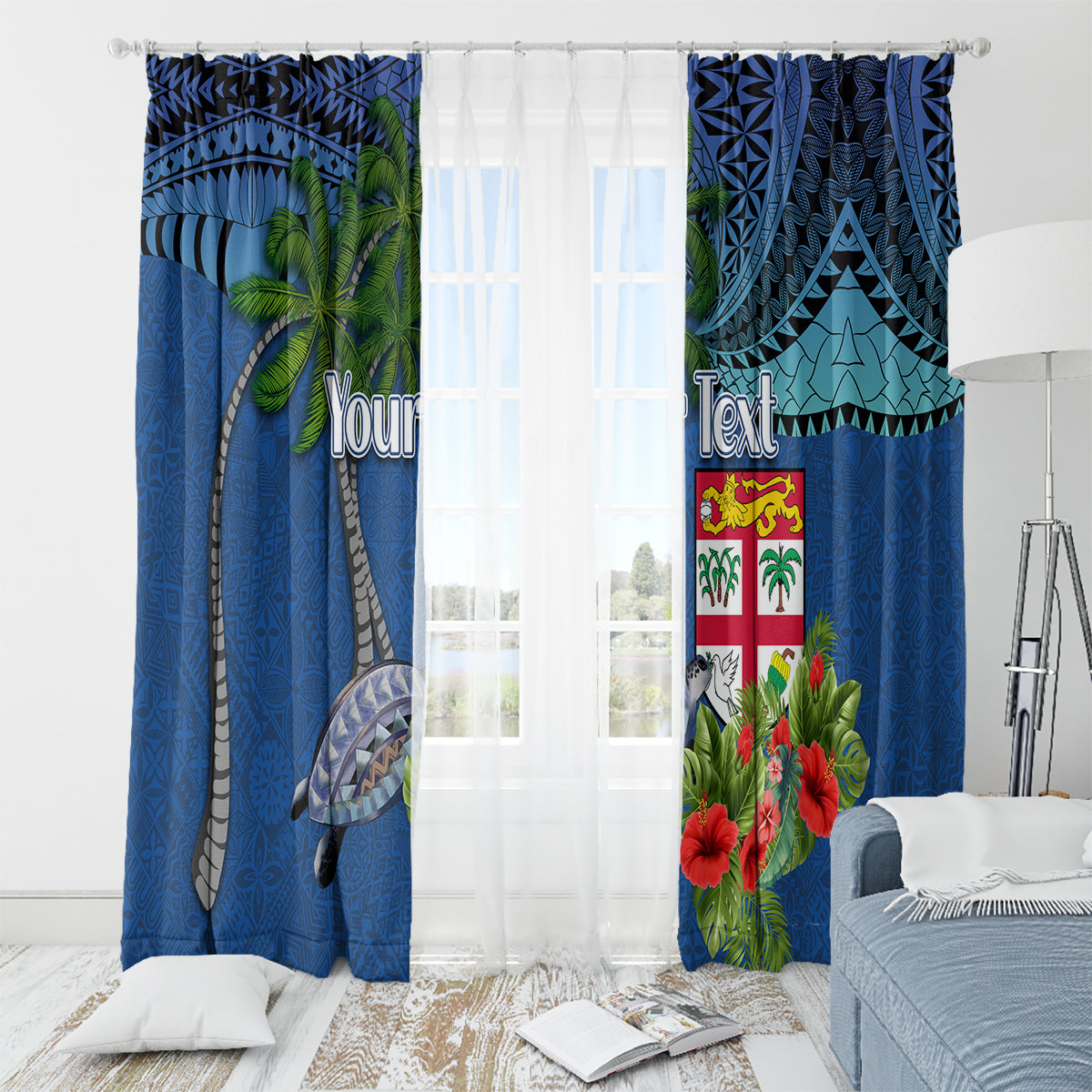Personalised Fiji Independence Day Window Curtain Fijian Coat of Arms Palm and Hibiscus Tapa Pattern LT03 - Polynesian Pride