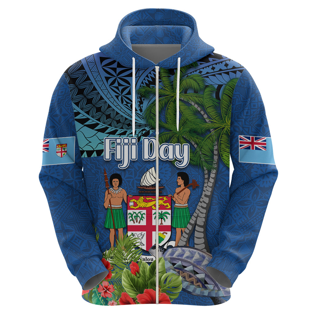 Personalised Fiji Independence Day Zip Hoodie Fijian Coat of Arms Palm and Hibiscus Tapa Pattern LT03 - Polynesian Pride