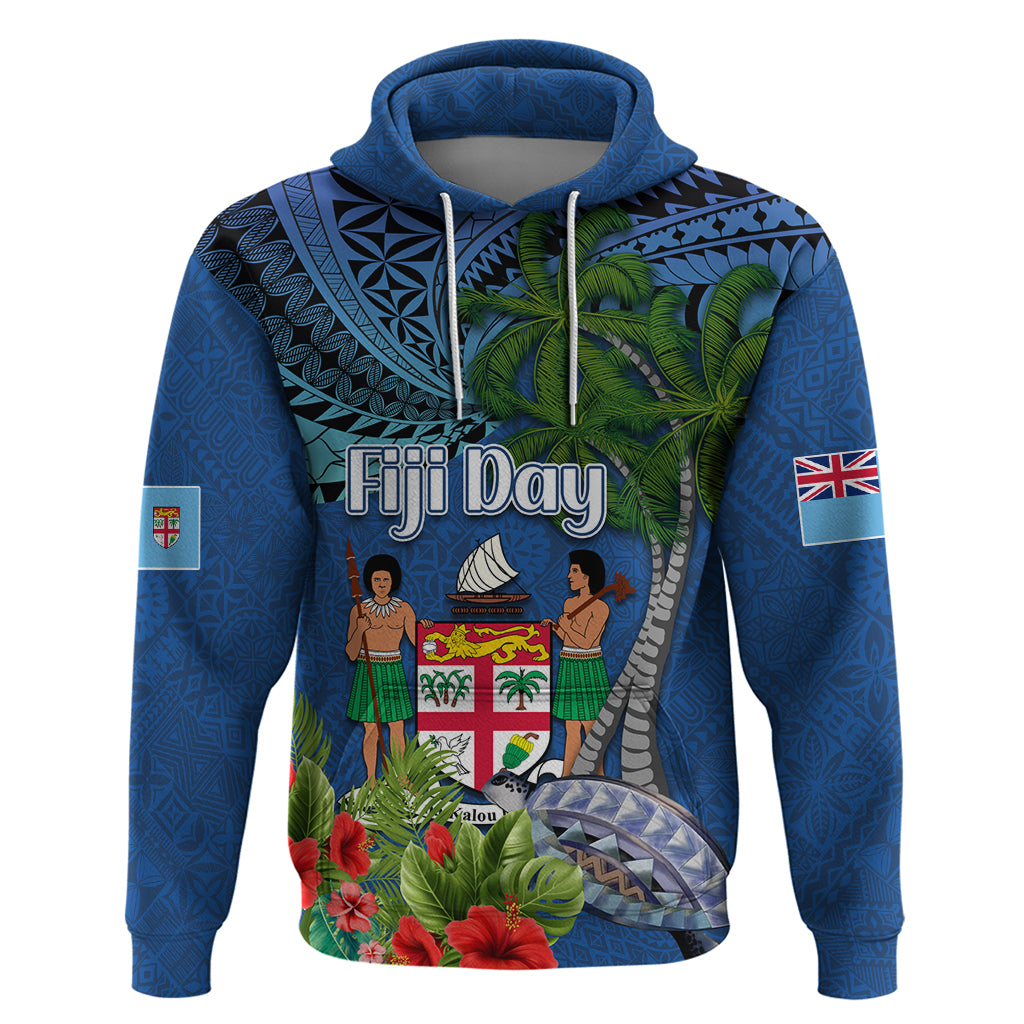 Personalised Fiji Independence Day Zip Hoodie Fijian Coat of Arms Palm and Hibiscus Tapa Pattern LT03 Pullover Hoodie Blue - Polynesian Pride