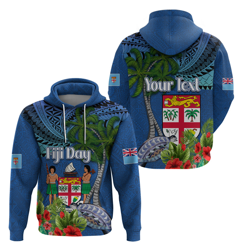 Personalised Fiji Independence Day Zip Hoodie Fijian Coat of Arms Palm and Hibiscus Tapa Pattern LT03 - Polynesian Pride