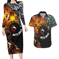 New Zealand and Australia Together Couples Matching Long Sleeve Bodycon Dress and Hawaiian Shirt Maori Tattoo Paua Shell mix Aboriginal Pattern LT03 Black - Polynesian Pride