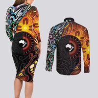 New Zealand and Australia Together Couples Matching Long Sleeve Bodycon Dress and Long Sleeve Button Shirt Maori Tattoo Paua Shell mix Aboriginal Pattern LT03 - Polynesian Pride