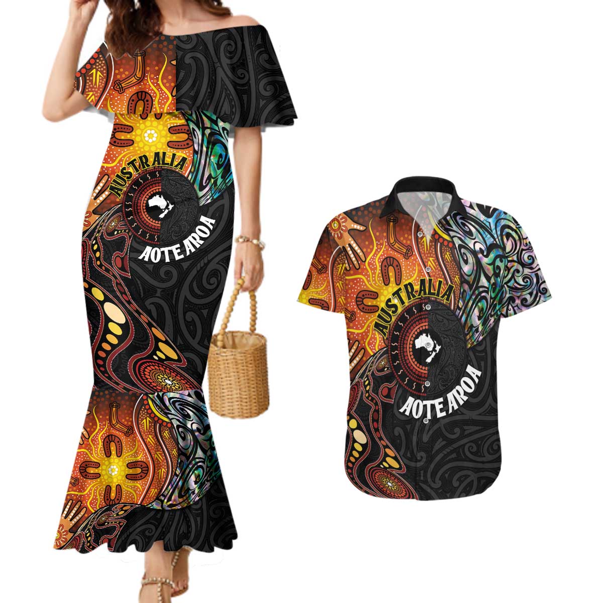 New Zealand and Australia Together Couples Matching Mermaid Dress and Hawaiian Shirt Maori Tattoo Paua Shell mix Aboriginal Pattern LT03 Black - Polynesian Pride