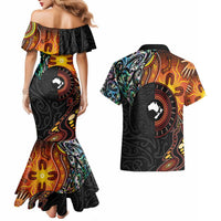New Zealand and Australia Together Couples Matching Mermaid Dress and Hawaiian Shirt Maori Tattoo Paua Shell mix Aboriginal Pattern LT03 - Polynesian Pride