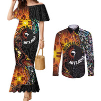 New Zealand and Australia Together Couples Matching Mermaid Dress and Long Sleeve Button Shirt Maori Tattoo Paua Shell mix Aboriginal Pattern LT03 Black - Polynesian Pride