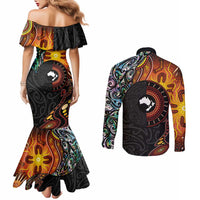 New Zealand and Australia Together Couples Matching Mermaid Dress and Long Sleeve Button Shirt Maori Tattoo Paua Shell mix Aboriginal Pattern LT03 - Polynesian Pride