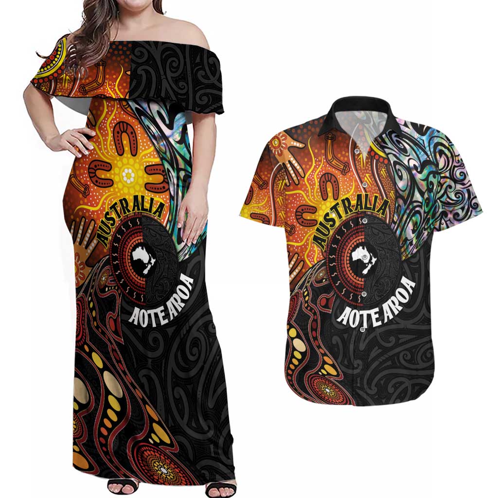 New Zealand and Australia Together Couples Matching Off Shoulder Maxi Dress and Hawaiian Shirt Maori Tattoo Paua Shell mix Aboriginal Pattern LT03 Black - Polynesian Pride