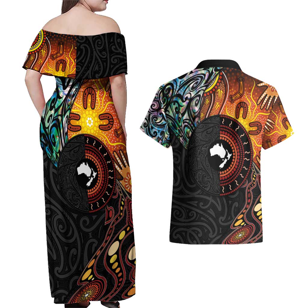 New Zealand and Australia Together Couples Matching Off Shoulder Maxi Dress and Hawaiian Shirt Maori Tattoo Paua Shell mix Aboriginal Pattern LT03 - Polynesian Pride