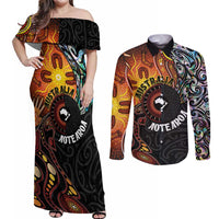 New Zealand and Australia Together Couples Matching Off Shoulder Maxi Dress and Long Sleeve Button Shirt Maori Tattoo Paua Shell mix Aboriginal Pattern LT03 Black - Polynesian Pride