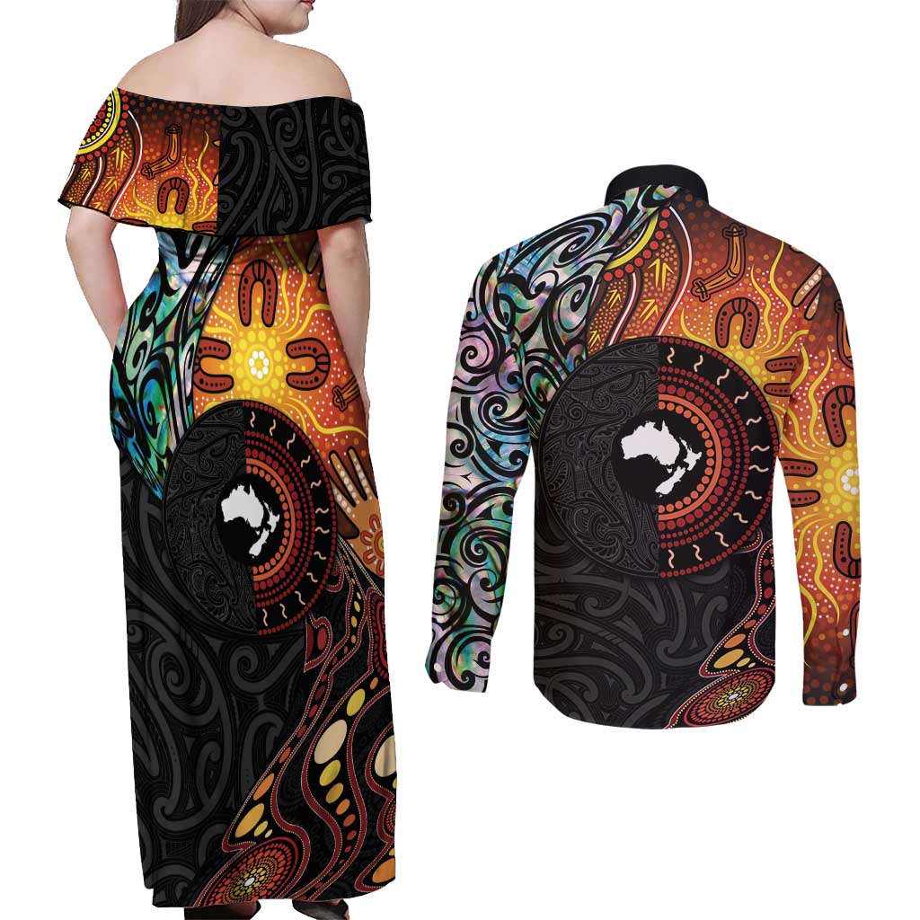 New Zealand and Australia Together Couples Matching Off Shoulder Maxi Dress and Long Sleeve Button Shirt Maori Tattoo Paua Shell mix Aboriginal Pattern LT03 - Polynesian Pride