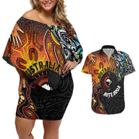 New Zealand and Australia Together Couples Matching Off Shoulder Short Dress and Hawaiian Shirt Maori Tattoo Paua Shell mix Aboriginal Pattern LT03 Black - Polynesian Pride