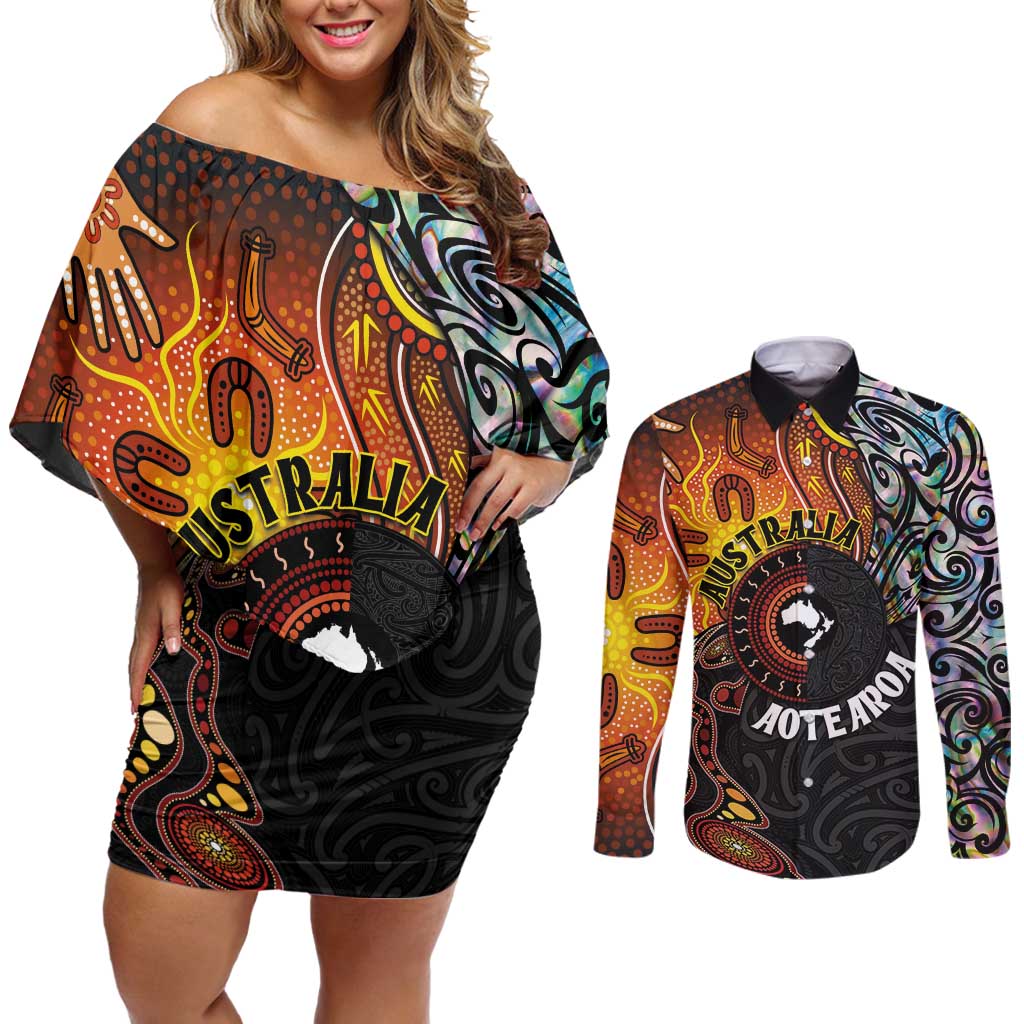 New Zealand and Australia Together Couples Matching Off Shoulder Short Dress and Long Sleeve Button Shirt Maori Tattoo Paua Shell mix Aboriginal Pattern LT03 Black - Polynesian Pride