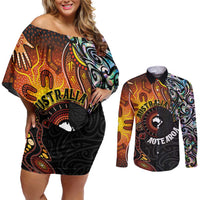 New Zealand and Australia Together Couples Matching Off Shoulder Short Dress and Long Sleeve Button Shirt Maori Tattoo Paua Shell mix Aboriginal Pattern LT03 Black - Polynesian Pride
