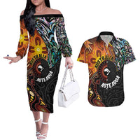New Zealand and Australia Together Couples Matching Off The Shoulder Long Sleeve Dress and Hawaiian Shirt Maori Tattoo Paua Shell mix Aboriginal Pattern LT03 Black - Polynesian Pride