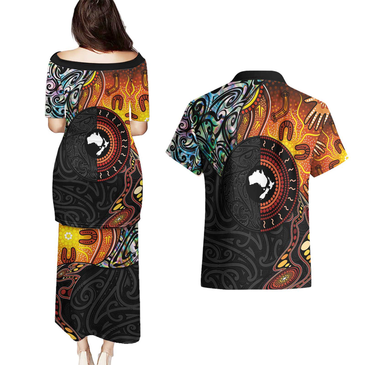 New Zealand and Australia Together Couples Matching Puletasi and Hawaiian Shirt Maori Tattoo Paua Shell mix Aboriginal Pattern LT03 - Polynesian Pride