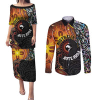 New Zealand and Australia Together Couples Matching Puletasi and Long Sleeve Button Shirt Maori Tattoo Paua Shell mix Aboriginal Pattern LT03 Black - Polynesian Pride