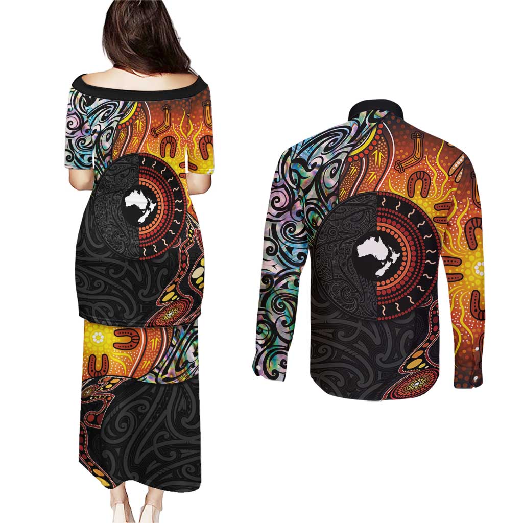 New Zealand and Australia Together Couples Matching Puletasi and Long Sleeve Button Shirt Maori Tattoo Paua Shell mix Aboriginal Pattern LT03 - Polynesian Pride