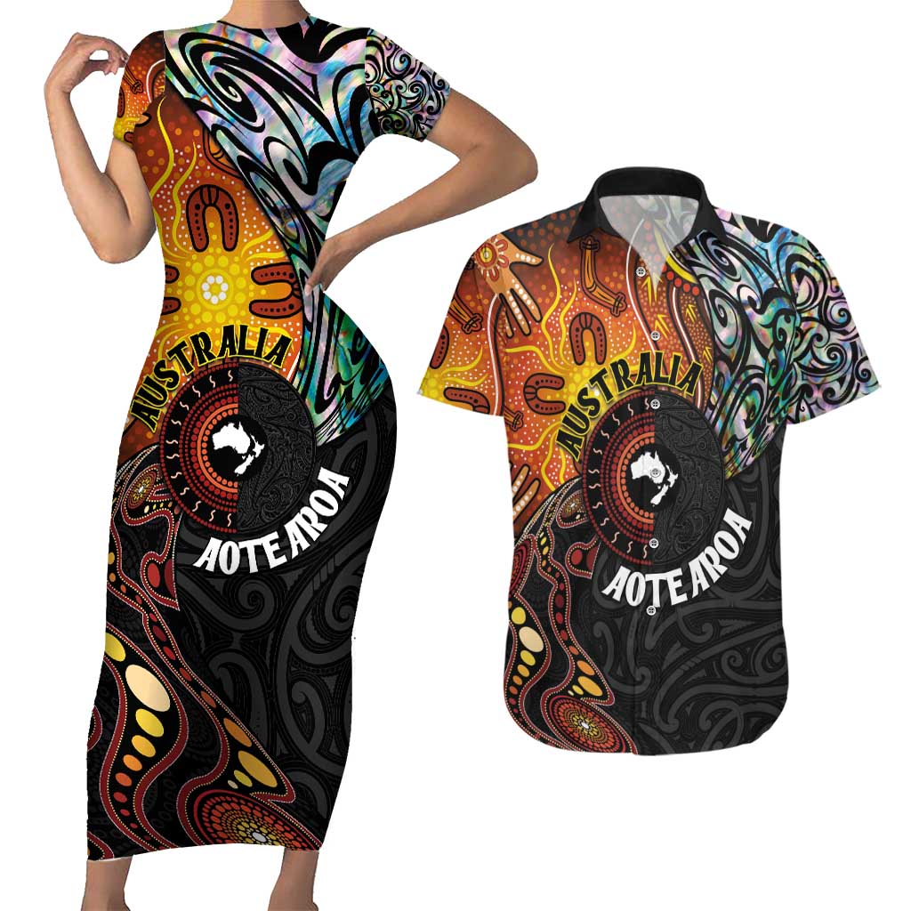New Zealand and Australia Together Couples Matching Short Sleeve Bodycon Dress and Hawaiian Shirt Maori Tattoo Paua Shell mix Aboriginal Pattern LT03 Black - Polynesian Pride