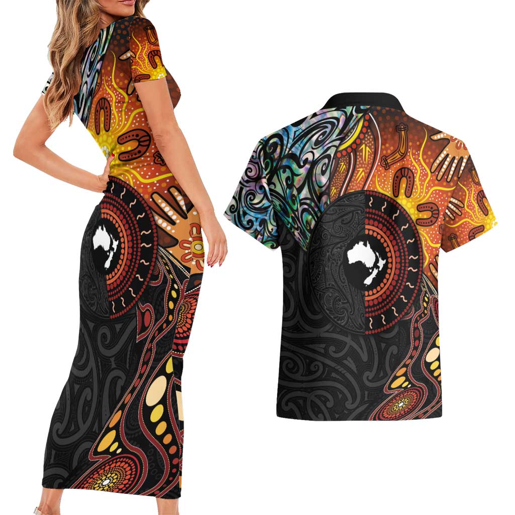 New Zealand and Australia Together Couples Matching Short Sleeve Bodycon Dress and Hawaiian Shirt Maori Tattoo Paua Shell mix Aboriginal Pattern LT03 - Polynesian Pride