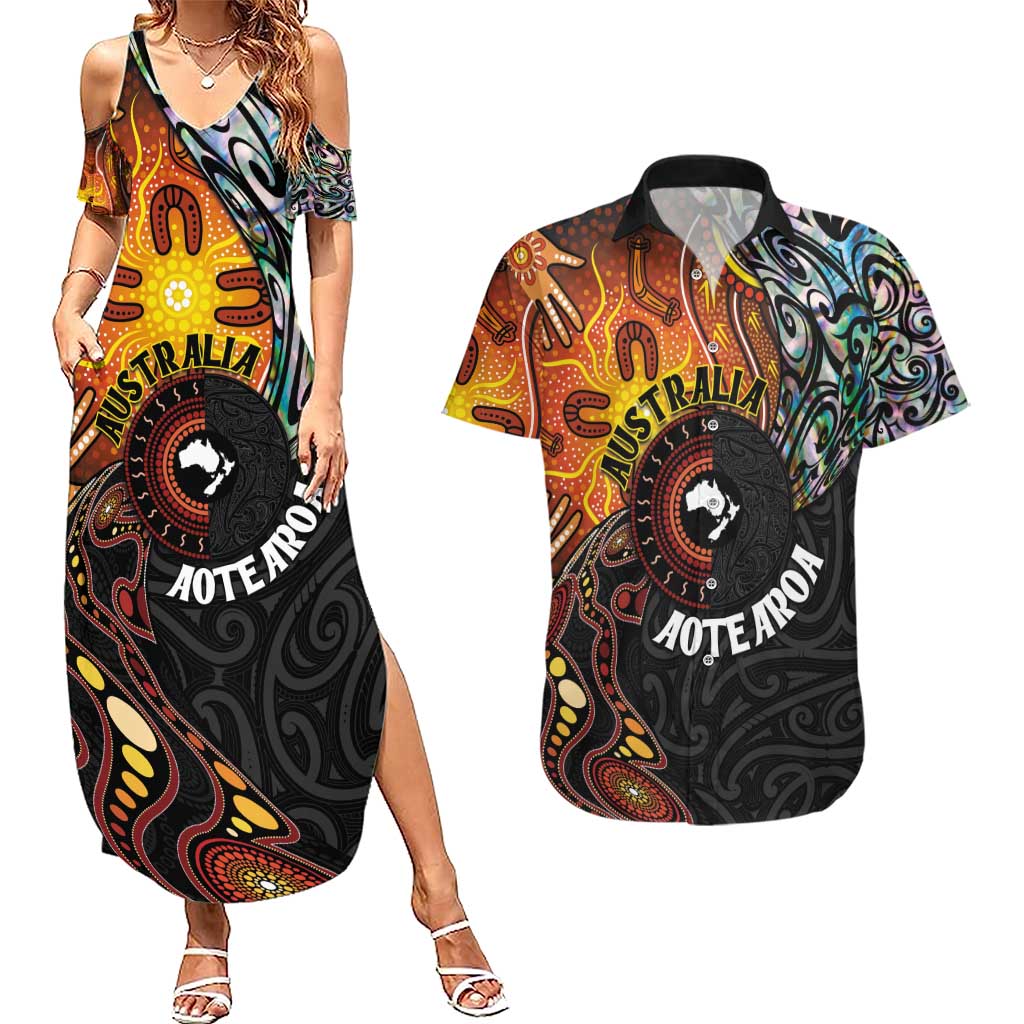 New Zealand and Australia Together Couples Matching Summer Maxi Dress and Hawaiian Shirt Maori Tattoo Paua Shell mix Aboriginal Pattern LT03 Black - Polynesian Pride