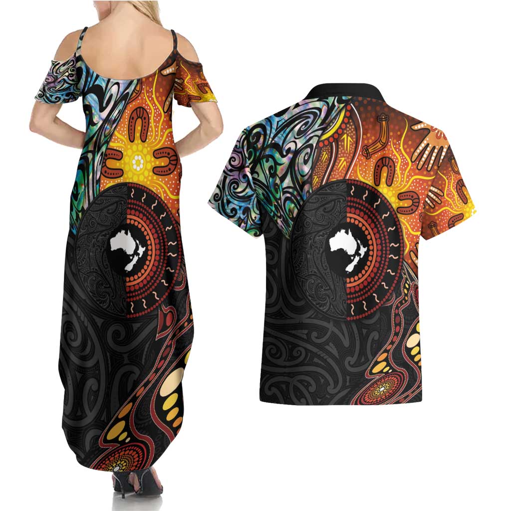 New Zealand and Australia Together Couples Matching Summer Maxi Dress and Hawaiian Shirt Maori Tattoo Paua Shell mix Aboriginal Pattern LT03 - Polynesian Pride