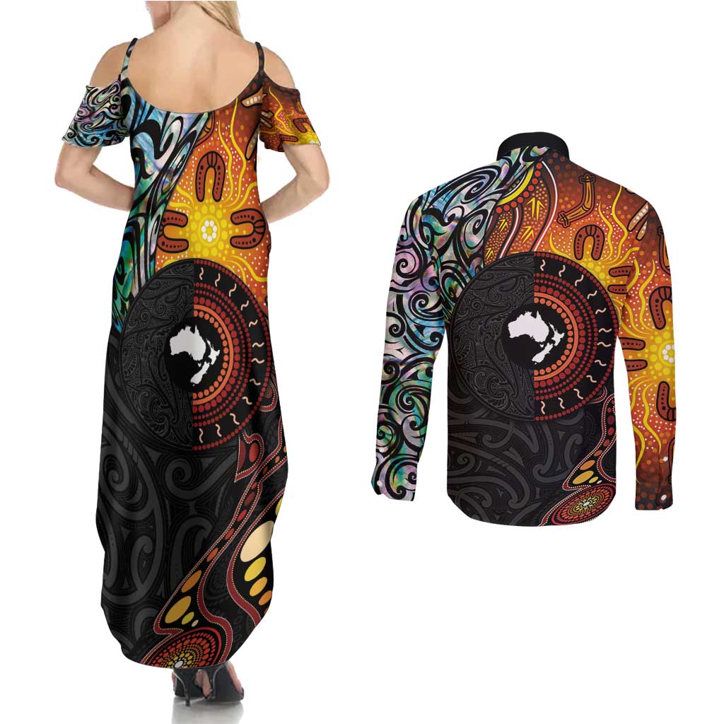 New Zealand and Australia Together Couples Matching Summer Maxi Dress and Long Sleeve Button Shirt Maori Tattoo Paua Shell mix Aboriginal Pattern LT03 - Polynesian Pride