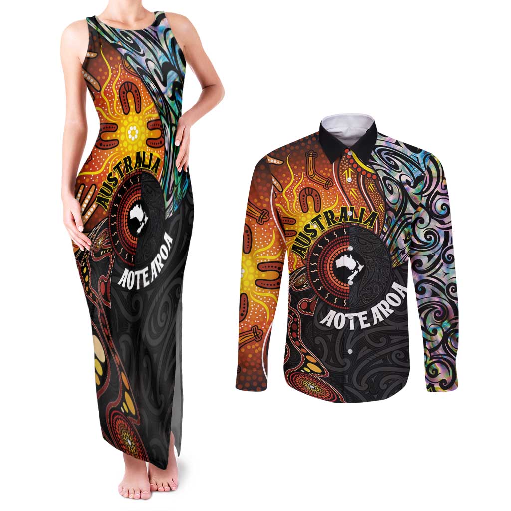 New Zealand and Australia Together Couples Matching Tank Maxi Dress and Long Sleeve Button Shirt Maori Tattoo Paua Shell mix Aboriginal Pattern LT03 Black - Polynesian Pride