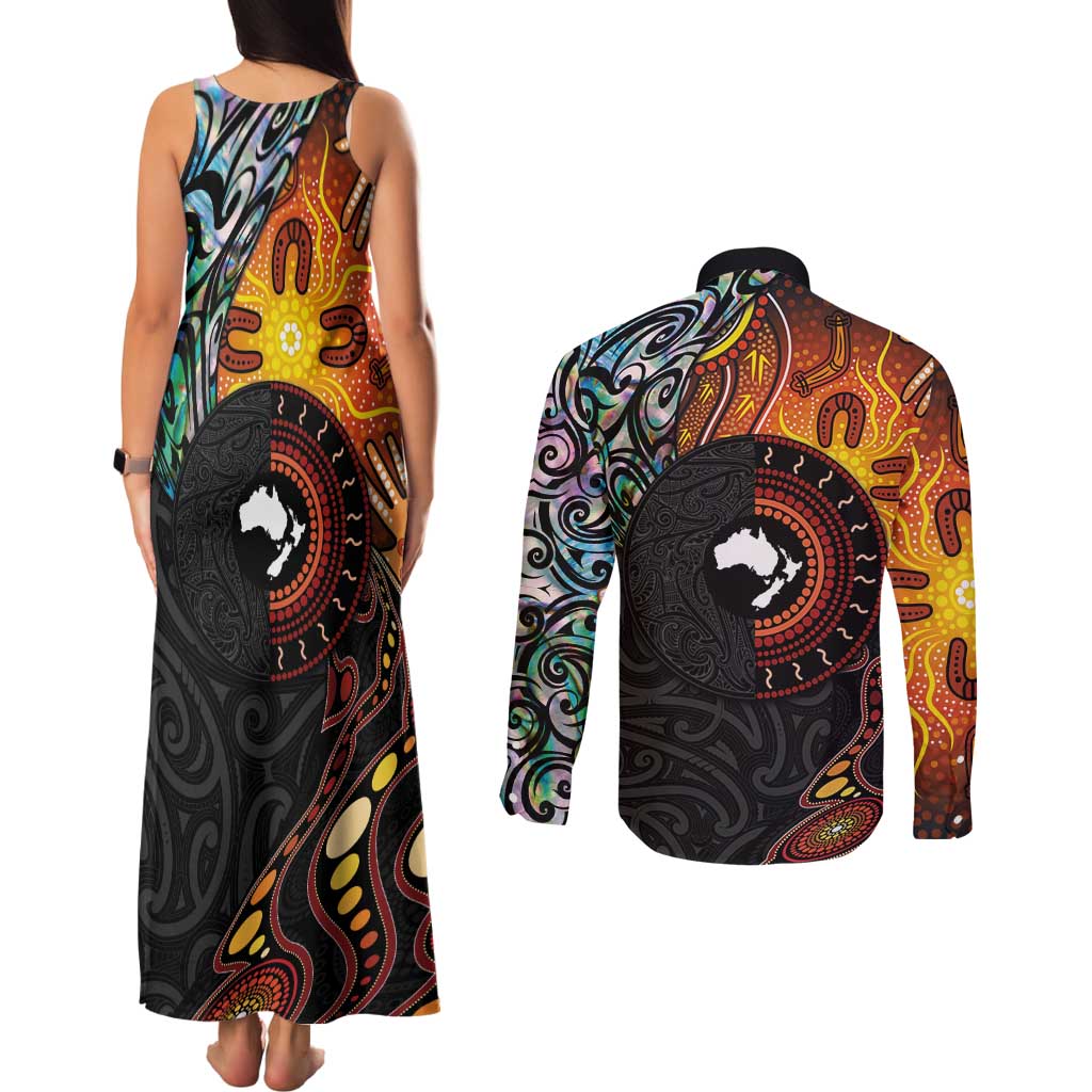 New Zealand and Australia Together Couples Matching Tank Maxi Dress and Long Sleeve Button Shirt Maori Tattoo Paua Shell mix Aboriginal Pattern LT03 - Polynesian Pride