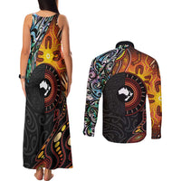 New Zealand and Australia Together Couples Matching Tank Maxi Dress and Long Sleeve Button Shirt Maori Tattoo Paua Shell mix Aboriginal Pattern LT03 - Polynesian Pride