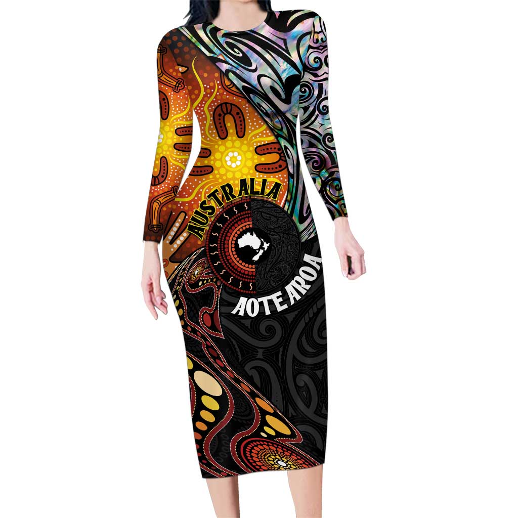 New Zealand and Australia Together Family Matching Long Sleeve Bodycon Dress and Hawaiian Shirt Maori Tattoo Paua Shell mix Aboriginal Pattern LT03 Mom's Dress Black - Polynesian Pride