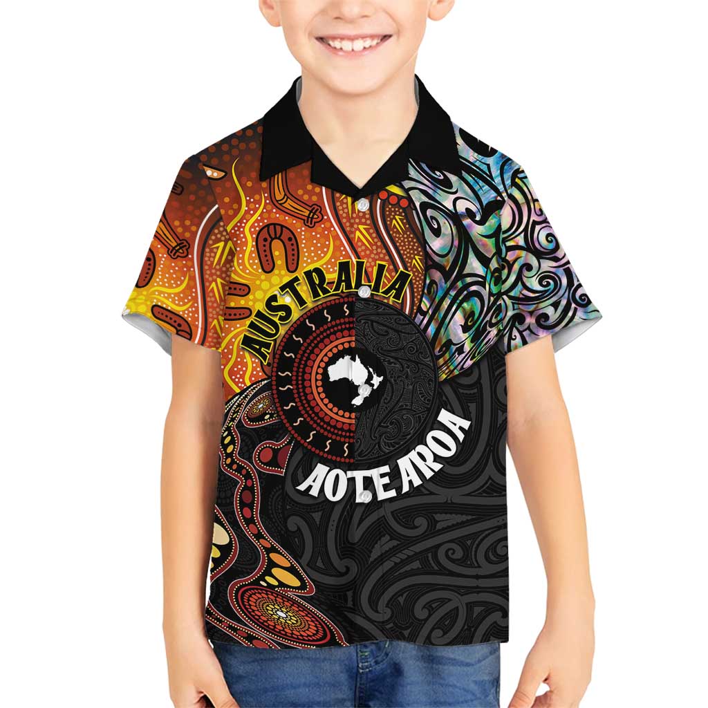 New Zealand and Australia Together Family Matching Long Sleeve Bodycon Dress and Hawaiian Shirt Maori Tattoo Paua Shell mix Aboriginal Pattern LT03 Son's Shirt Black - Polynesian Pride