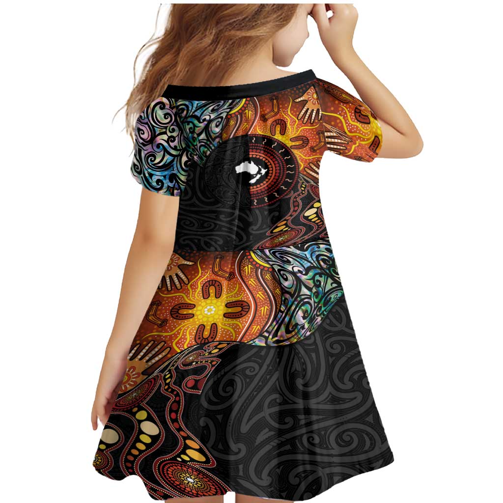 New Zealand and Australia Together Family Matching Mermaid Dress and Hawaiian Shirt Maori Tattoo Paua Shell mix Aboriginal Pattern LT03 - Polynesian Pride