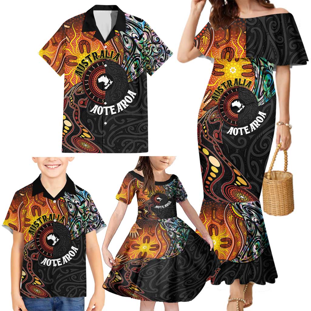 New Zealand and Australia Together Family Matching Mermaid Dress and Hawaiian Shirt Maori Tattoo Paua Shell mix Aboriginal Pattern LT03 - Polynesian Pride