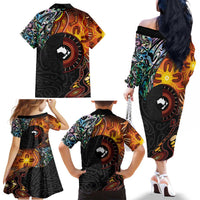 New Zealand and Australia Together Family Matching Off The Shoulder Long Sleeve Dress and Hawaiian Shirt Maori Tattoo Paua Shell mix Aboriginal Pattern LT03 - Polynesian Pride