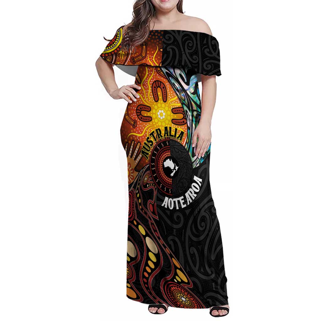 New Zealand and Australia Together Family Matching Off Shoulder Maxi Dress and Hawaiian Shirt Maori Tattoo Paua Shell mix Aboriginal Pattern LT03 Mom's Dress Black - Polynesian Pride