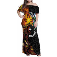 New Zealand and Australia Together Family Matching Off Shoulder Maxi Dress and Hawaiian Shirt Maori Tattoo Paua Shell mix Aboriginal Pattern LT03 Mom's Dress Black - Polynesian Pride