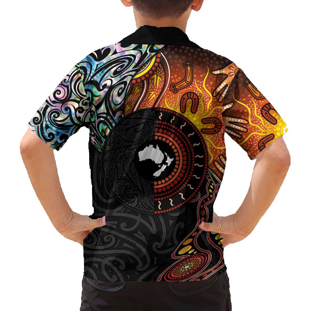 New Zealand and Australia Together Family Matching Off Shoulder Short Dress and Hawaiian Shirt Maori Tattoo Paua Shell mix Aboriginal Pattern LT03 - Polynesian Pride