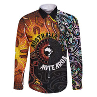 New Zealand and Australia Together Family Matching Off Shoulder Short Dress and Hawaiian Shirt Maori Tattoo Paua Shell mix Aboriginal Pattern LT03 Dad's Shirt - Long Sleeve Black - Polynesian Pride