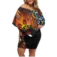 New Zealand and Australia Together Family Matching Off Shoulder Short Dress and Hawaiian Shirt Maori Tattoo Paua Shell mix Aboriginal Pattern LT03 Mom's Dress Black - Polynesian Pride